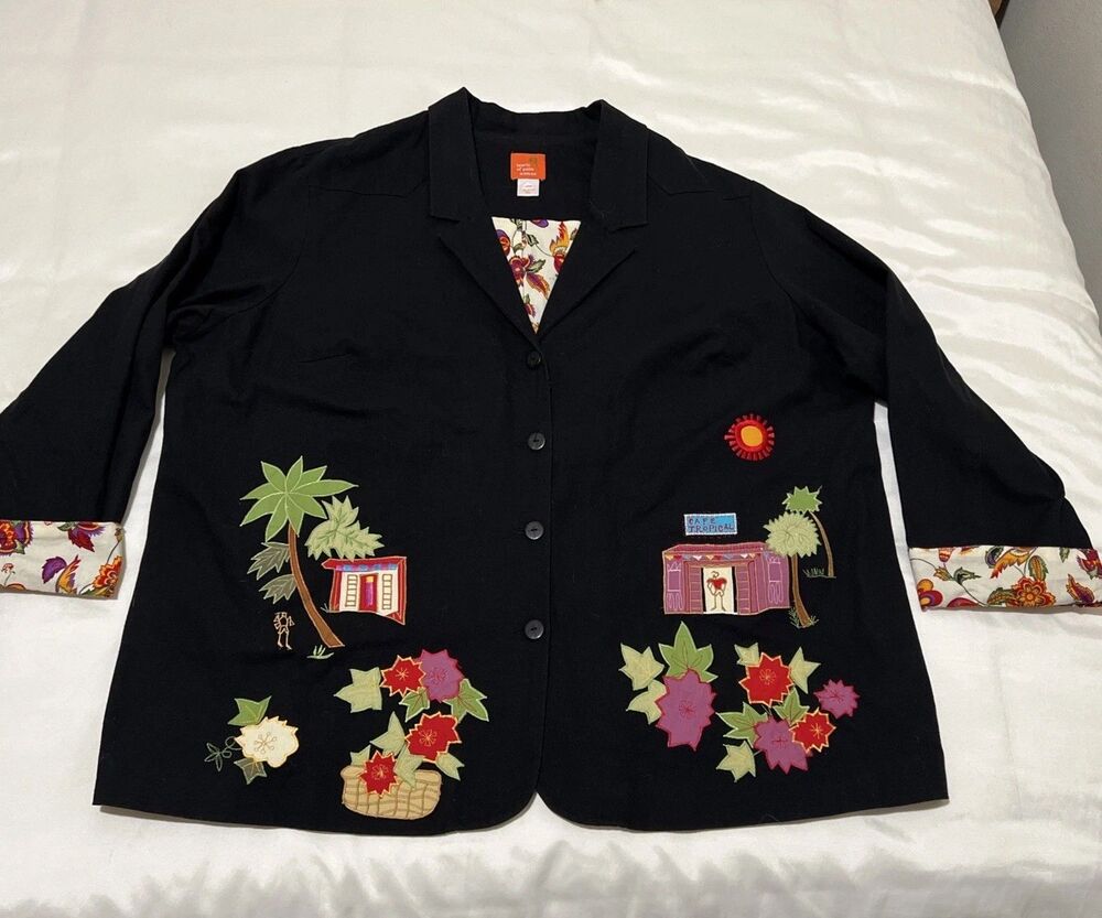 Hearts of Palm Black Tropical Floral Applique Embroidered Coat Jacket Size 24W
